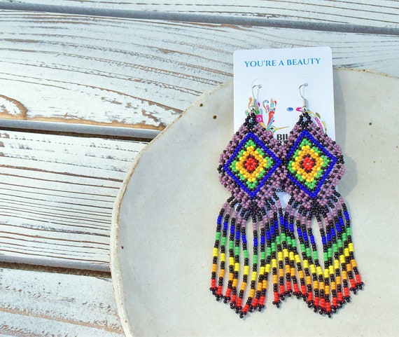 Colorful Tribal Earrings, Boho Beaded Earrings, Seed Bead Earrings, Indigenous Made, Boho Jewelry, Handmade | Biulu Artisan Boutique