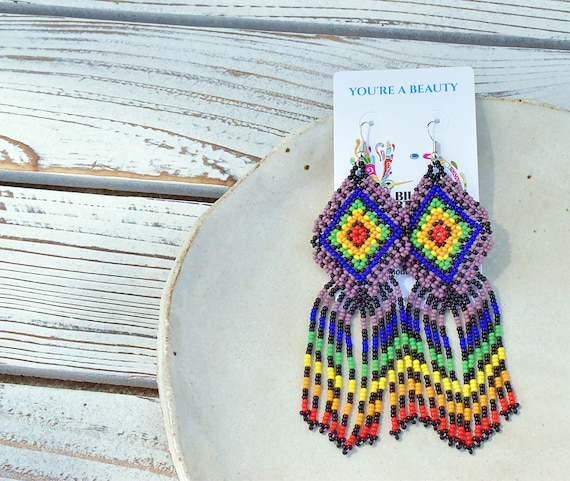 Colorful Tribal Earrings, Boho Beaded Earrings, Seed Bead Earrings, Indigenous Made, Boho Jewelry, Handmade | Biulu Artisan Boutique