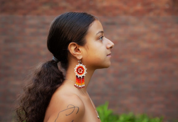 Sunflower Statement Earrings, Huichol Earrings, Tribal High Fashion Jewelry, Native American Earrings, Beaded Earrings, Seed Bead Earrings