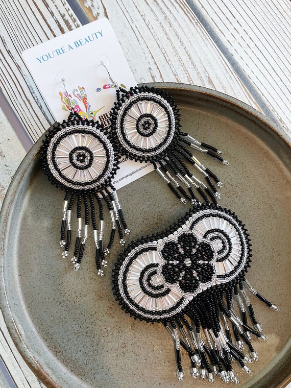 Beaded Earrings and Barrette, Indigenous Made Jewelry, Boho Jewelry, Native American Beaded Earrings, Set, Black Silver, Statement Jewelry