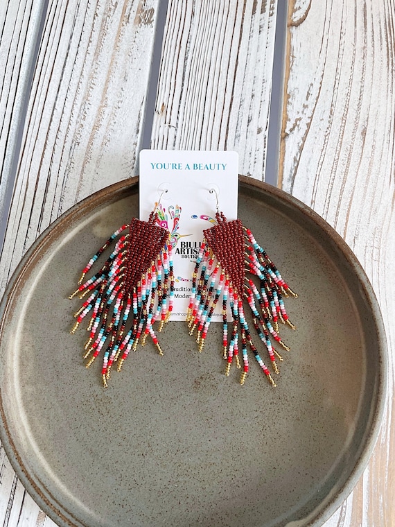 Beaded Arrow Earrings, with Tassels, Native American Beaded Earrings, Earthy, Boho Earrings, Indigenous Made, Etsy Earrings, Handmade