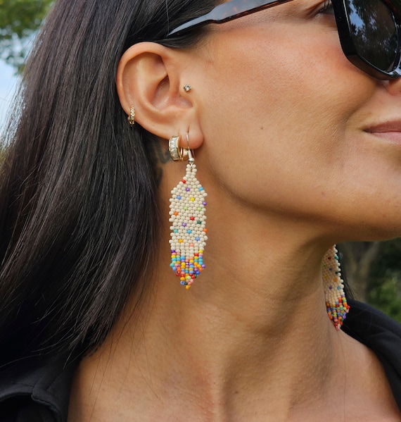 Tapestry Style Earrings, Cake inspired, Handmade Boho Earrings, Native American Beaded Earrings, Beaded Boho Earrings, Indigenous Made, Gif