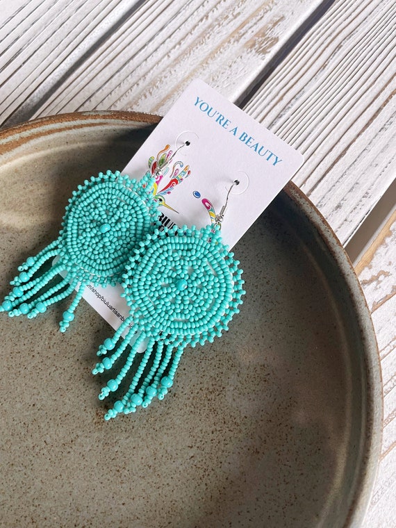 Turquoise Beaded Earrings, Native American Beaded Earrings, Boho Beaded Earrings, Beaded Boho Earrings, Jewelry, Indigenous Made, Dainty