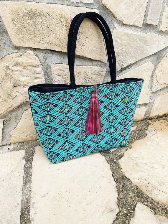 Turquoise Bohemian Tote Bag, Handloomed Textile Tote Bag, Native American Purse, Colorful, Boho Chic Tote, Handmade | Biulu Artisan Boutique