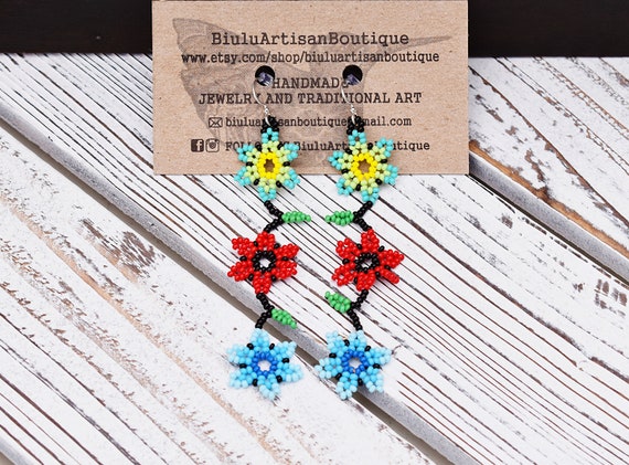 Flowers on a Vine Earrings, Boho Beaded Earrings, Dainty Colorful Earrings, Native American Beaded Earrings, Boho Chic, Seed Bead Earrings