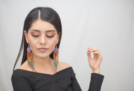 Long Dangle Boho Earrings, Peacock Feather Earrings, Native American Inspired Beaded Earrings, Etsy Handmade Earrings, Hypoallergenic