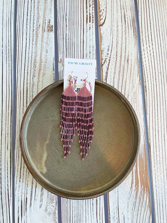 Pink Boho Earrings, Boho Beaded Earrings, Native American Style Earrings, Long, Statement Earrings, Indigenous Made | Biulu Artisan Boutique