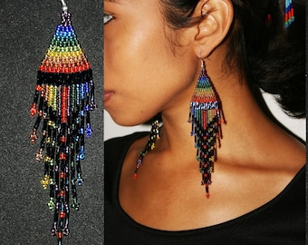 Sparkling Rainbow Earrings, Seed Bead Earrings, Dangling Gypsy Earrings, Native American Beaded Earrings, Huichol Bead Work, Tribal, Festive