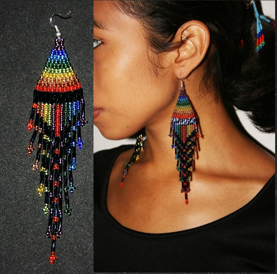 Sparkling Rainbow Earrings, Seed Bead Earrings, Dangling Gypsy Earrings, Native American Beaded Earrings, Huichol Bead Work, Tribal, Festive