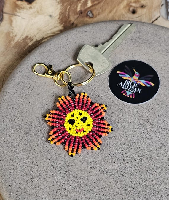 Sun Keychain, Native American Beading, Boho Keychain, Handmade, Indigenous Made, Beaded, Happy face | Biulu Artisan Boutique