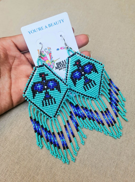 Beaded Boho Earrings, Native American Earrings, Thunderbird Jewelry, Turquoise, Huichol Eagle Earrings, Indigenous Made, Handmade