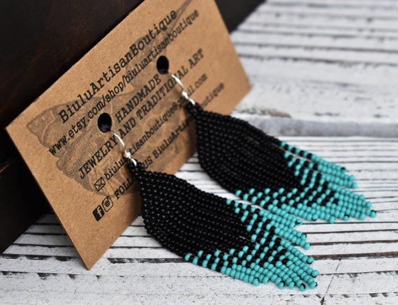 Short Boho Beaded Earrings, 2.75" Black Turquoise Earrings, Contemporary Native American Beaded Earrings, Dainty Statement Earrings