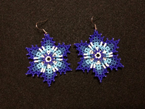 Blue Peyote Flower Earrings, Huichol Beaded Earrings, Huichol Earrings, Traditional Beadwork, Native American Jewelry, Southwestern