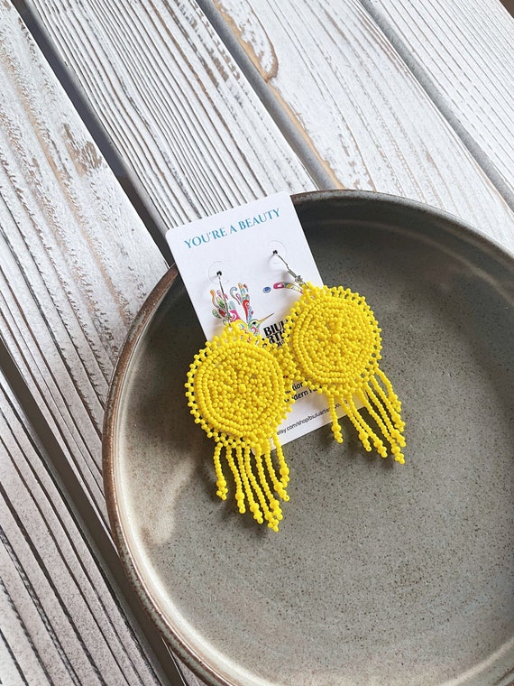 Yellow Beaded Earrings, Native American Beaded Earrings, Boho Beaded Earrings, Beaded Boho Earrings, Beaded Jewelry, Indigenous Made, Dainty