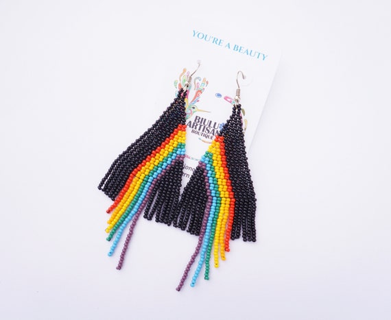 Rainbow Earrings, Indigenous Made Beaded Earrings, Boho Rainbow Earrings, Native American Beaded Earrings, Colorful, Vibrant, Black Earrings