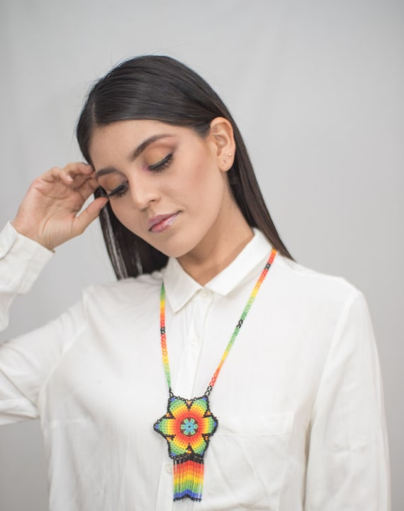 Colorful Boho Necklace, Contemporary Native American Beaded Necklace, Statement Necklace, Huichol, Handmade | Biulu Artisan Boutique