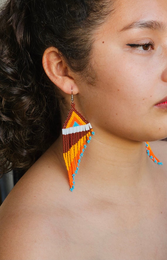 Southwestern Beaded Feather Earrings, Tribal Fashion Earrings, Native American Beaded Earrings, Seed Bead Earrings, Long Dangle Earrings