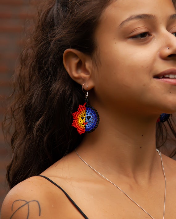 Beaded Eclipse Earrings, Huichol Native American Earrings, Hippie Earrings, Mexican Earrings, Balance Energy, Beaded Huichol Earrings