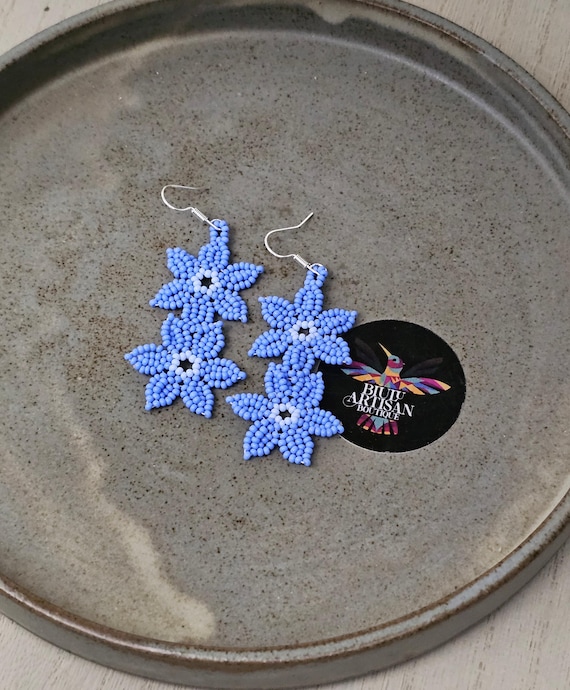Indigo Flowers on a Vine Earrings, Beaded floral art, Native American Beaded Earrings, Mexican Art, Seed Bead Earrings, Tropical Indigo