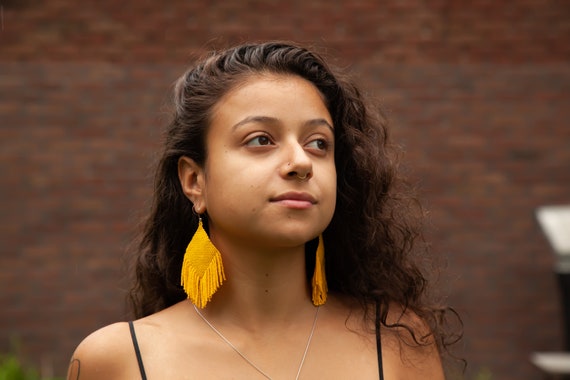 Yellow Boho Tribal Earrings, Huichol Native American Beaded Earrings, Diamond Fringe Earrings, Large Dangling Earrings, Traditional Beadwork