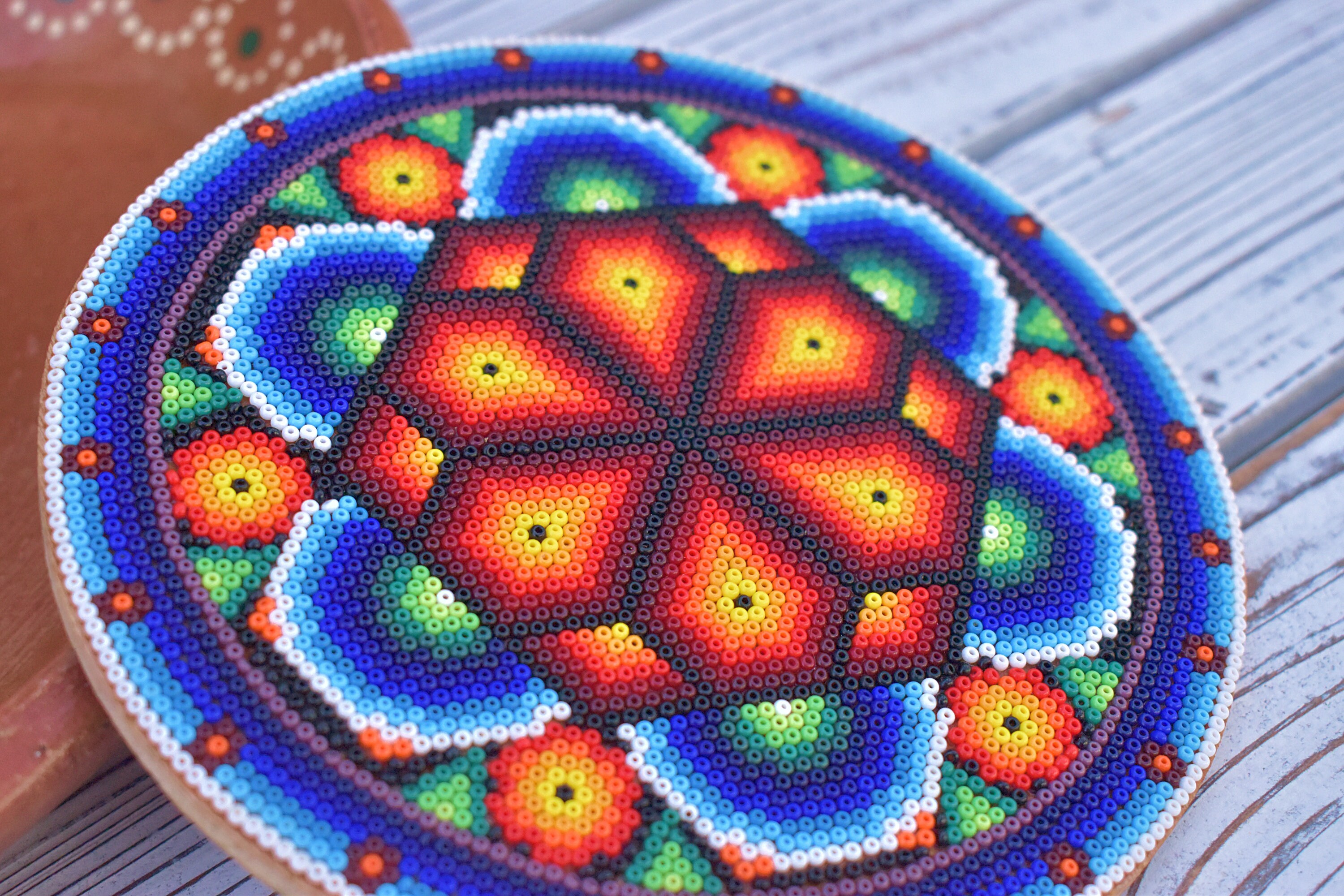 Beaded Indigenous Art, Boho Home Decor, Colorful Beaded Plaque, Huichol