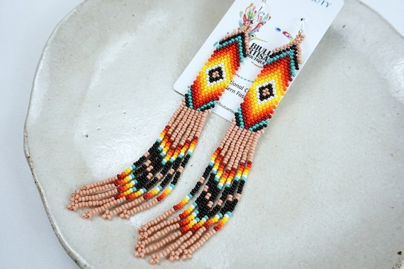 Handmade Boho Earrings, Native American Beaded Earrings, Pink, Beaded Boho Earrings, Indigenous Made, Long Skinny Earrings, Etsy Handmade