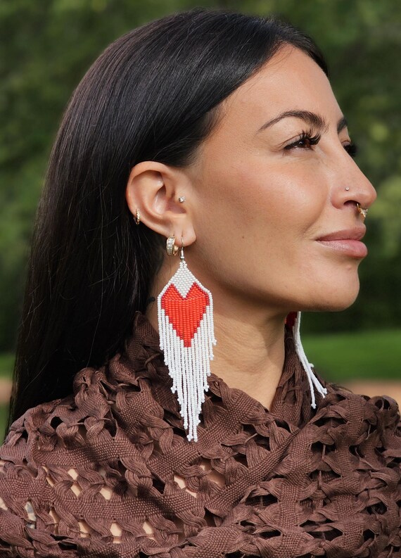 Boho Heart Earrings, Native American Beaded Earrings, Beaded Boho Earrings, Turquoise, Red Heart Earrings, Boho Chic, Statement Earrings