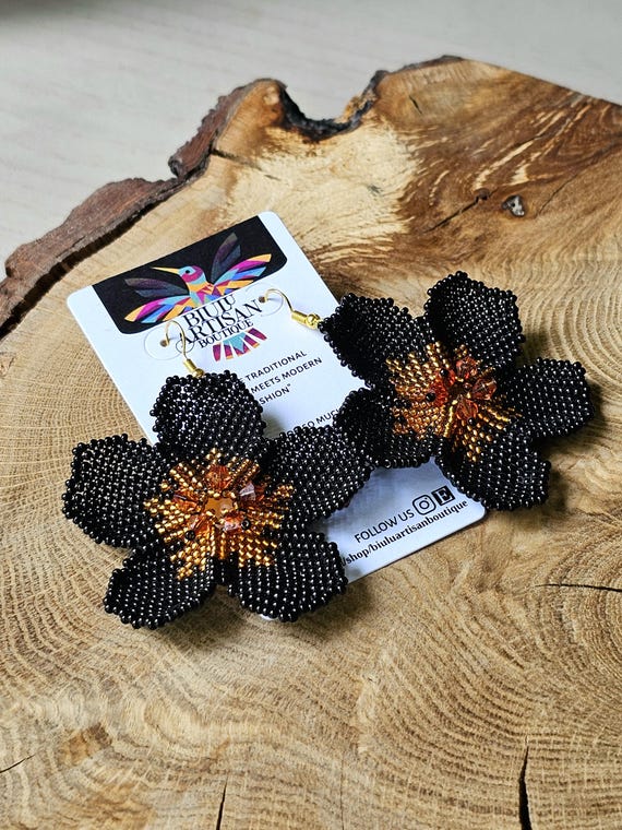 Black and Golden Big Flower,Classy Earrings,Beaded Flower Earrings,Bold Earrings, Handmade Beaded Earrings,  Unique Earrings, Wedding, Event