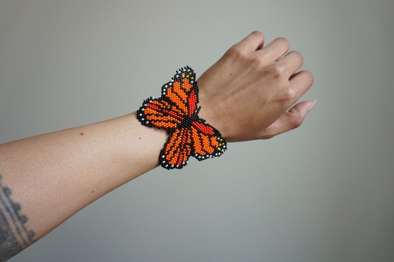 Boho Beaded Bracelet, Butterfly Bracelet, Orange Butterfly, Native American Beaded Bracelet, Large Cuff Bracelet | Biulu Artisan Boutique