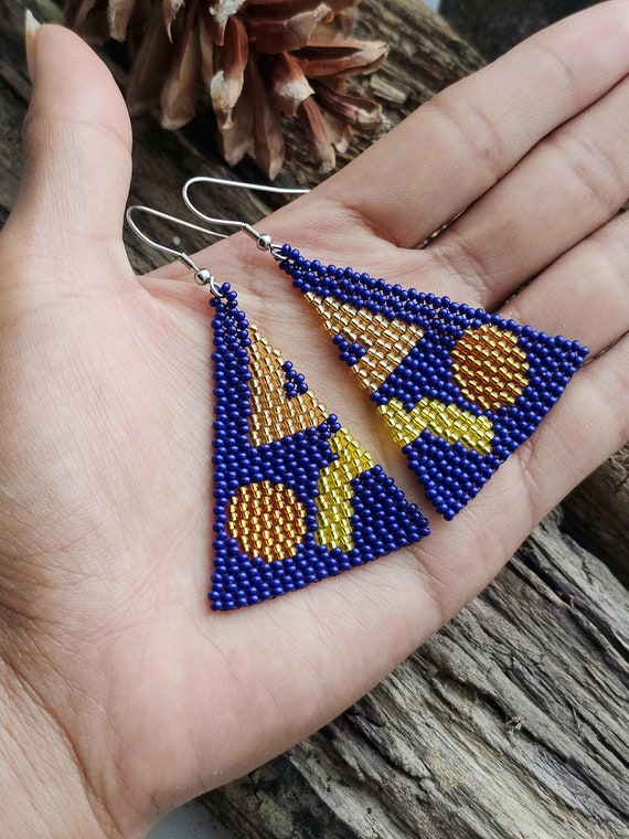 Navy Blue Gold, Geometric Beaded Earrings, Abstract, Native American Beaded Earrings, Unique Earrings, Modern Earrings, Indigenous Handmade