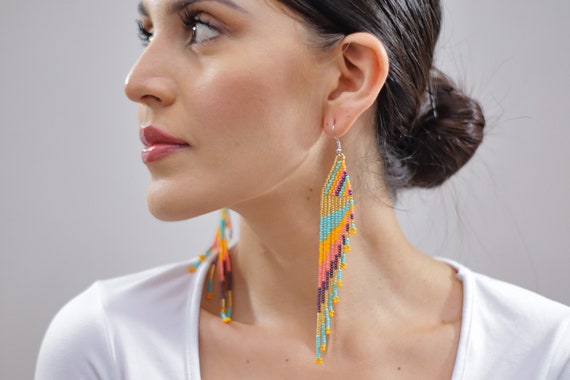 Feather Style Earrings, Beaded Boho Earrings, Native American Beaded Earrings, Handmade, Indigenous Made, Jewelry | Biulu Artisan Boutique