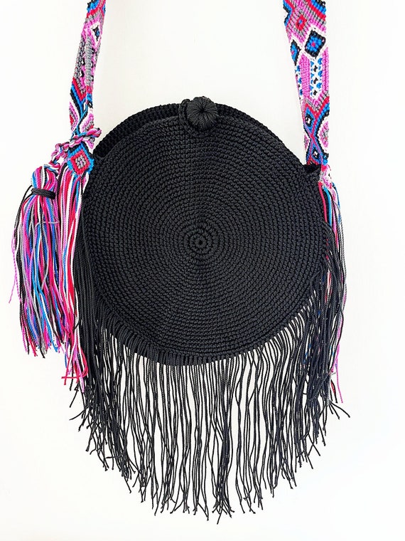 Boho Tassel Bag, Boho Shoulder Bag, Black Shoulder Bag, Boho Fringe Bag, Indigenous Made, Weaved Crossbody Bag, Round Boho Crossbody Bag