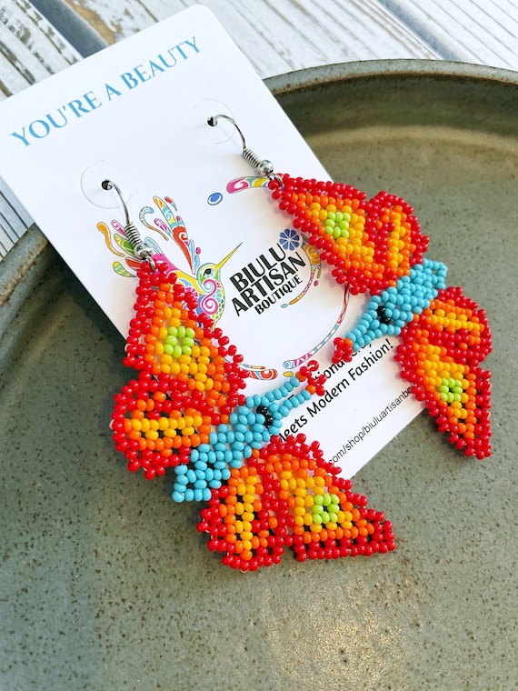Boho Butterfly Earrings, Beaded Butterflies, Native American Earrings, Colorful Boho Earrings, Indigenous Made | Biulu Artisan Boutique