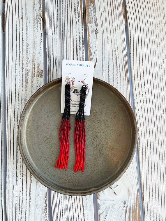 Beaded Tube Earrings, Long Native Style Beaded Earrings, Boho, Seed Bead, Red Black, Huichol, Etsy, Handmade | Biulu Artisan Boutique