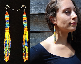Long Beaded Tube Earrings, Boho Earrings, Seed Bead Earrings, Native Style Beaded Earrings, Tribal High Fashion Earrings, Huichol Earrings,