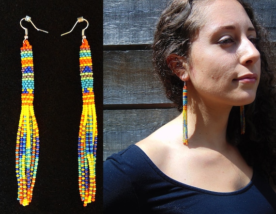 Long Beaded Tube Earrings, Boho Earrings, Seed Bead Earrings, Native Style Beaded Earrings, Tribal High Fashion Earrings, Huichol Earrings,