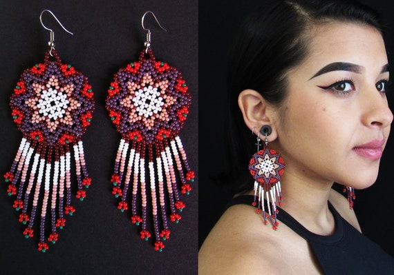 Native American Style Beaded Earrings, Mexican Beaded Boho Earrings, Tribal High Fashion Earrings, Huichol Earrings, Seed Bead Earrings