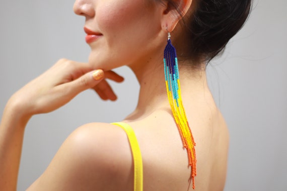 Boho Shoulder Duster Earrings, Indigenous Made Earrings, Long Beaded Earrings, Statement, Colorful Chandelier Earrings, Handmade Earrings