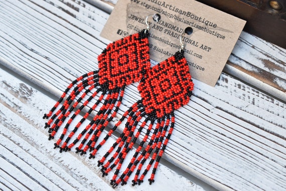 Boho Earrings, Native American Beaded Earrings, Red, Black Indigenous Made, Chandelier Earrings, Seed Bead, Handmade Earrings, Handmade