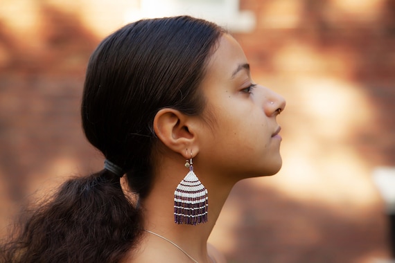 Contemporary Native Beaded Earrings, Fan Fringe Tassels, Fancy Elegant & Dainty, Boho Chic, Seed Bead | Biulu Artisan Boutique