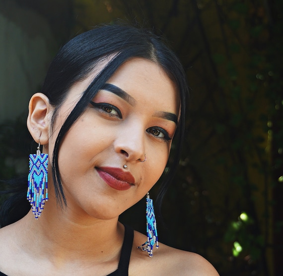 Silver and Blue Boho Chic Earrings, Native American Beaded Earrings, Ojo de Dios Huichol Earrings, Etsy Earrings, Handmade, Geometrics