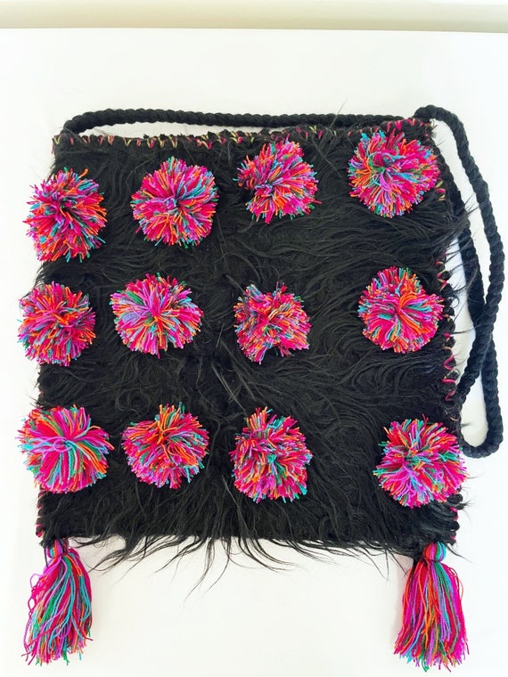 Pom Boho Bag, Black Shag Tote, Tote Bag, Handmade, Indigenous Made, Wool Boho Bag, Large Purse, Handmade | Biulu Artisan Boutique