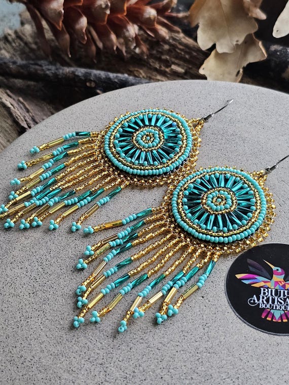 Gold Turquoise, Boho Beaded Earrings, Contemporary Native American Beaded Earrings, Unique Earrings, Dangle Earrings, Tribal High Fashion