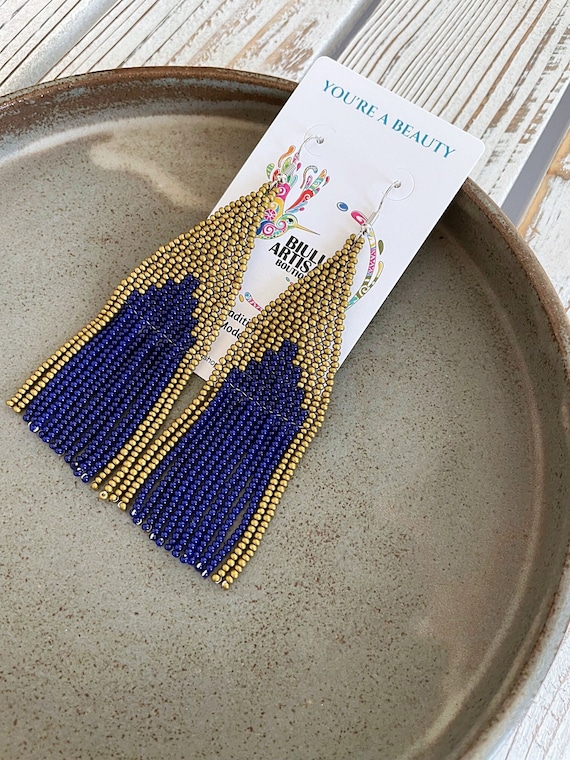 Beaded Boho Earrings, Native American Beaded Earrings, Matte Gold, Royal Blue, Dangle Earrings, Indigenous Made | Biulu Artisan Boutique