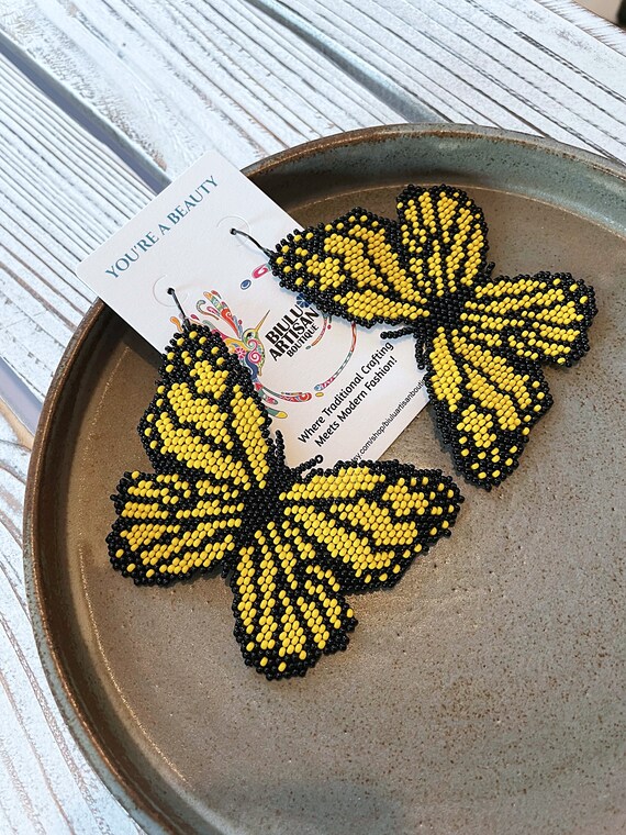 Large Butterfly Earrings, Contemporary Native Beaded Earrings, Boho Earrings, Yellow Butterflies, Handmade Earrings, Indigenous Made Jewelry