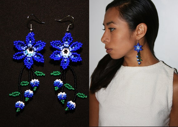 Blue Flower Huichol Earrings, Huichol Jewelry, Native American Style Beaded Earrings, Seed Bead Earrings, Blue Florette Earrings, Authentic