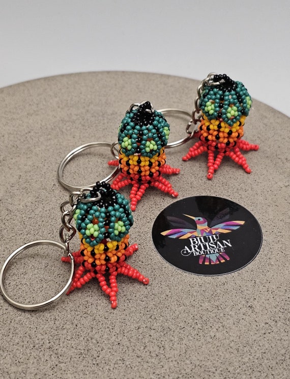 Peyote Keychain, Beaded Keychain, Sacred Peyote, Huichol Keychain, Handmade, Hikuri,  Cactus, Beaded | Biulu Artisan Boutique