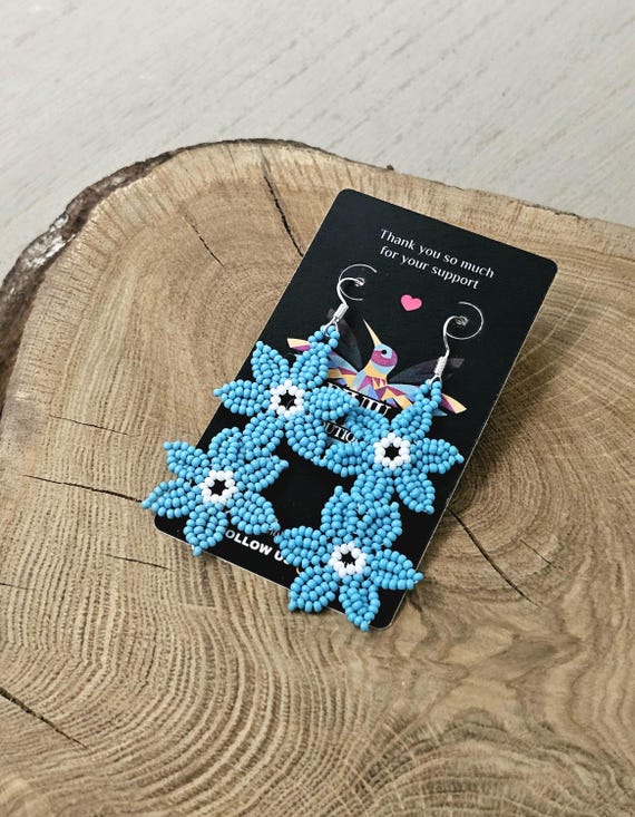 Blue Turquoise Flowers on a Vine Earrings, Beaded floral art, Native American Beaded Earrings, Mexican Art, Seed Bead Earrings, Handmade