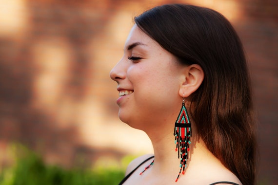 Long Dangling Earrings, Brick Stitch Earrings, Native American Style Beaded Earrings, Seed Bead Earrings, Turquoise Red Black Earrings