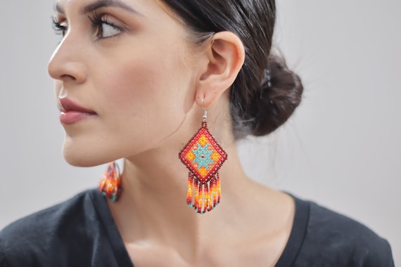 Beaded Boho Earrings, Indigenous Made Beaded Jewelry, Red Blue Statement Earrings, Boho Beaded Earrings, Huichol Earrings, Handmade Beadwork